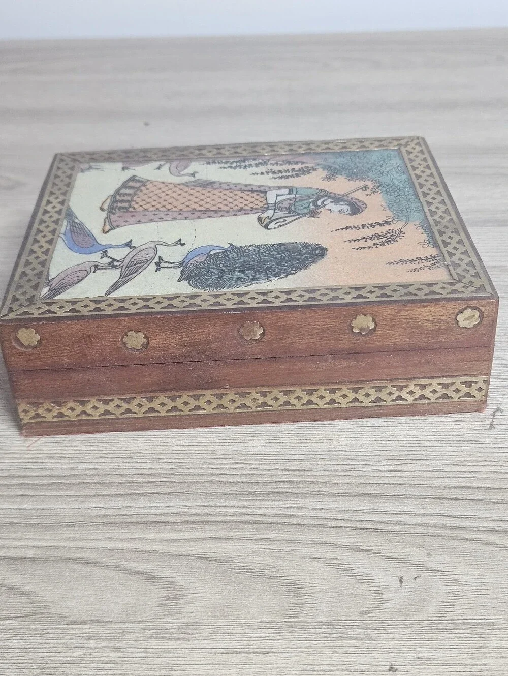 Indian Gemstone Painting Wooden Trinket Jewelry Box Peacock Musician 5x4.5